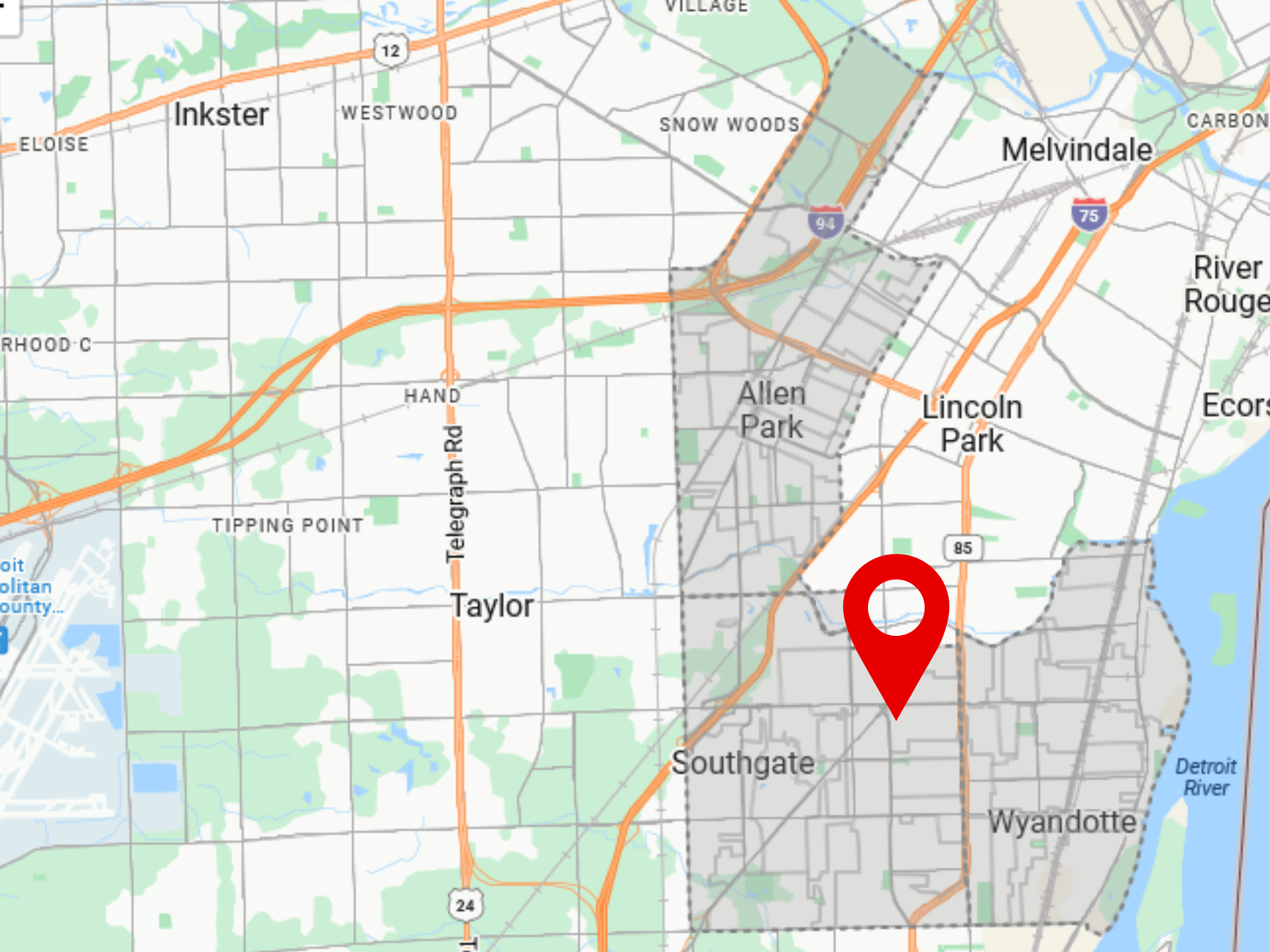 Wyandotte, Allen Park & Southgate, MI delivery area map